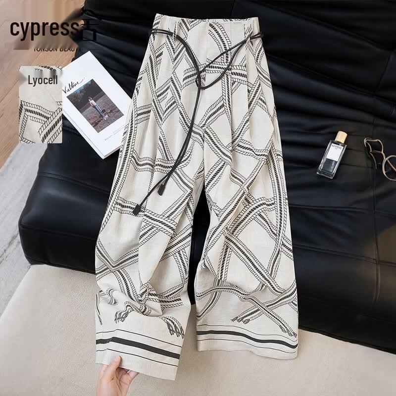 Women s High-Waist Lyocell Linen Blend Printed Wide-Leg Pants L