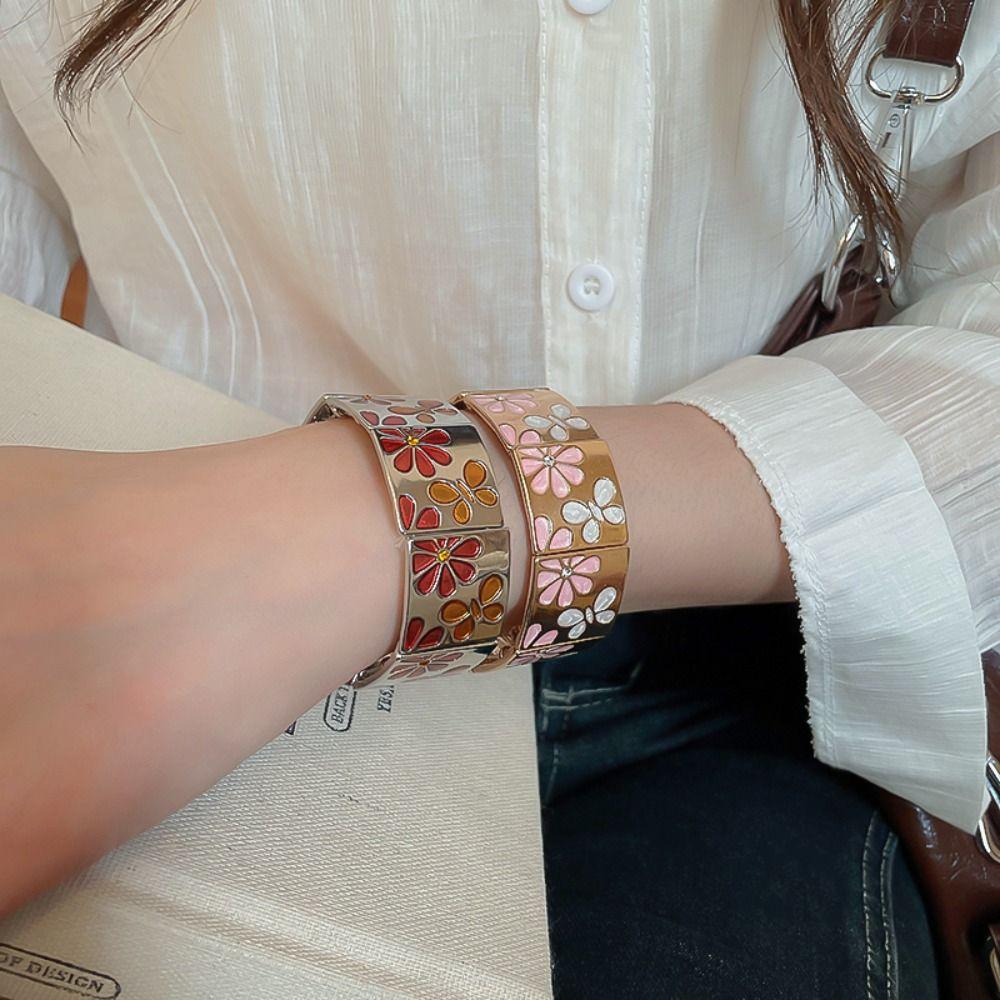 Metal Drip Oil Flower Bracelet Silver Elastic Bangles Geometric Square Bangle Decoration