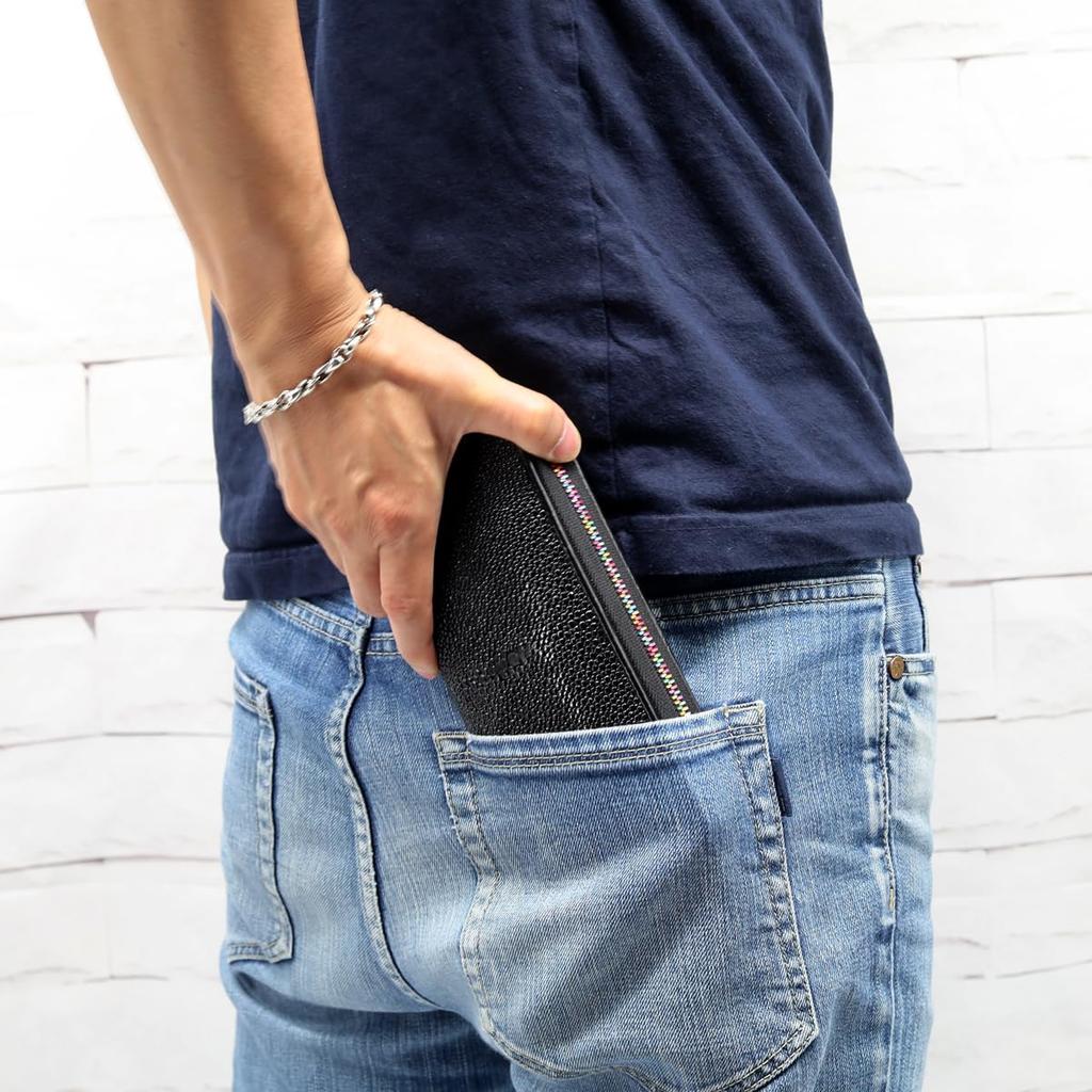 [Revetta] Stingray Leather Long Wallet, Black, Round Zipper, Genuine Leather, 21 Card Slots, Large Capacity, Caviar Finish [225stw]