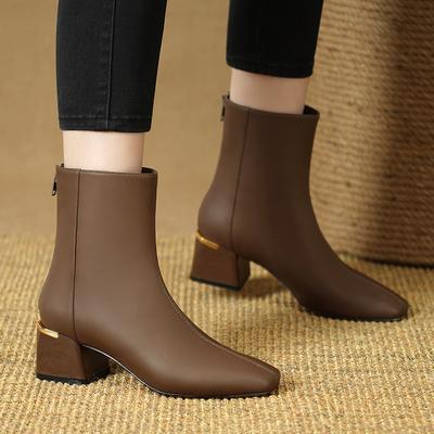 Full Leather Style, Chelsea Boots 2025 New Thick High Heel Square Head Women's Shoes, Cigarette Boots, Brown, Short Boots
