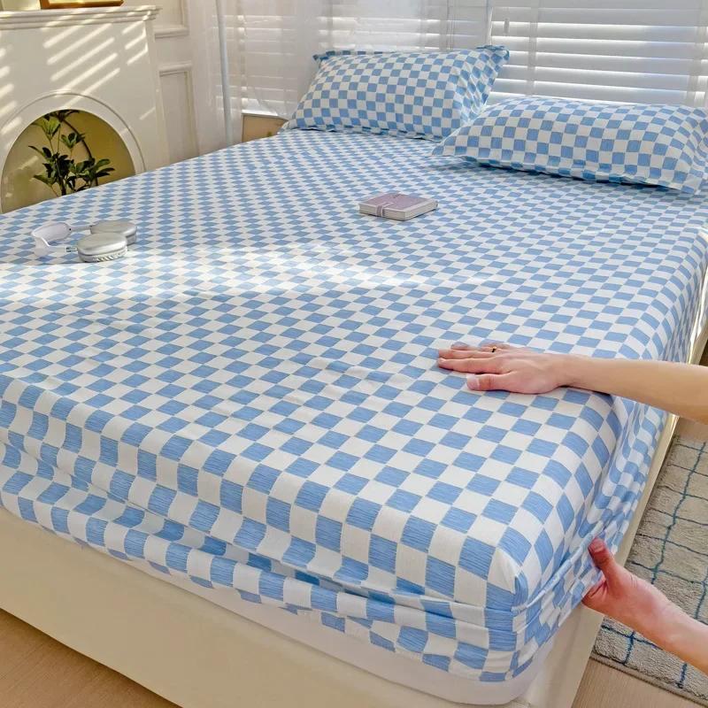 Plaid Fitted Sheet Simple Style Single/Queen/King Bedroom Home Bed Sheet Mattress Cover Pad Bedsheet ( Pillowcase Can Order )