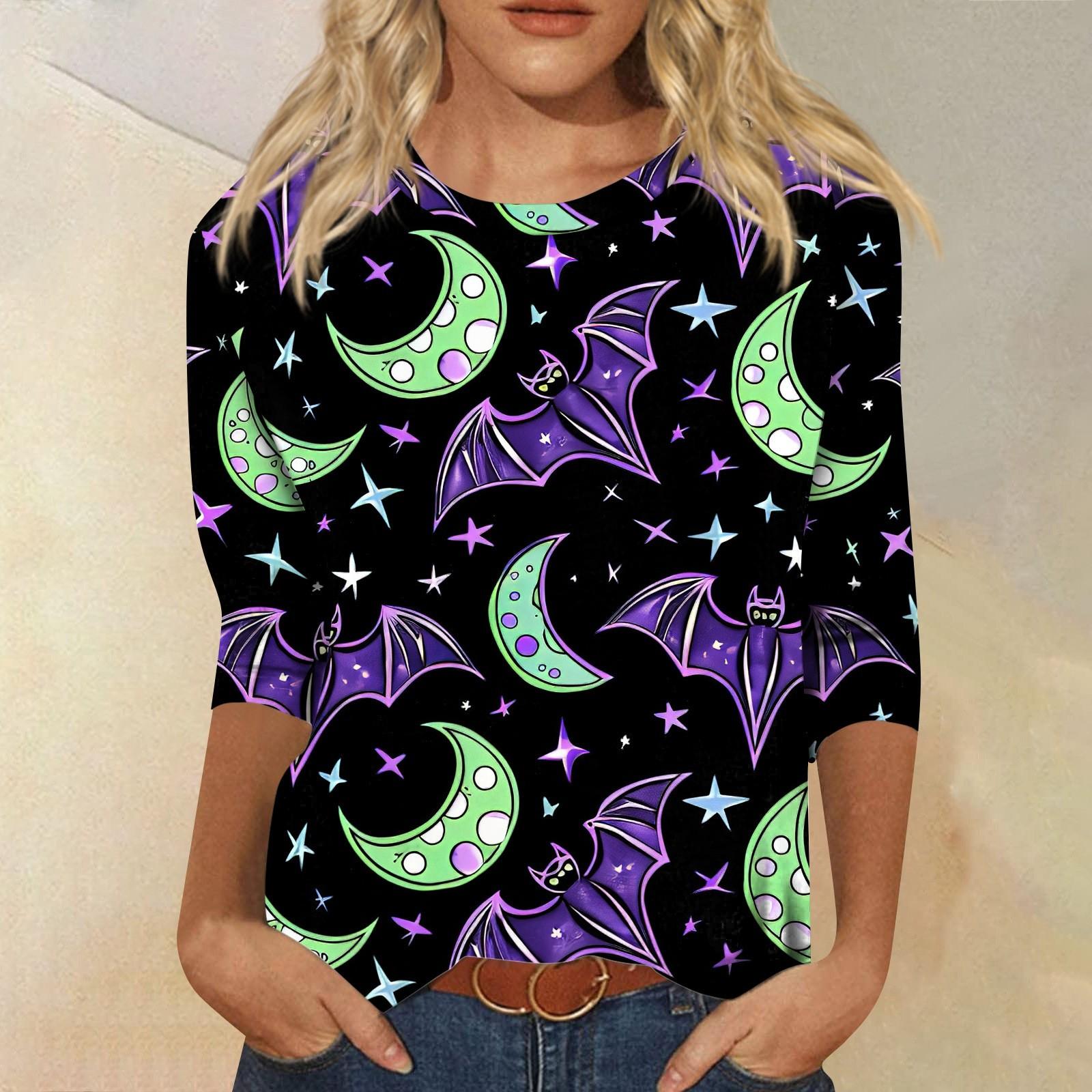 

Женские топы Рубашка с рукавом три четверти V-образный вырез Свободная повседневная рубашка Футболка с принтом S чёрный