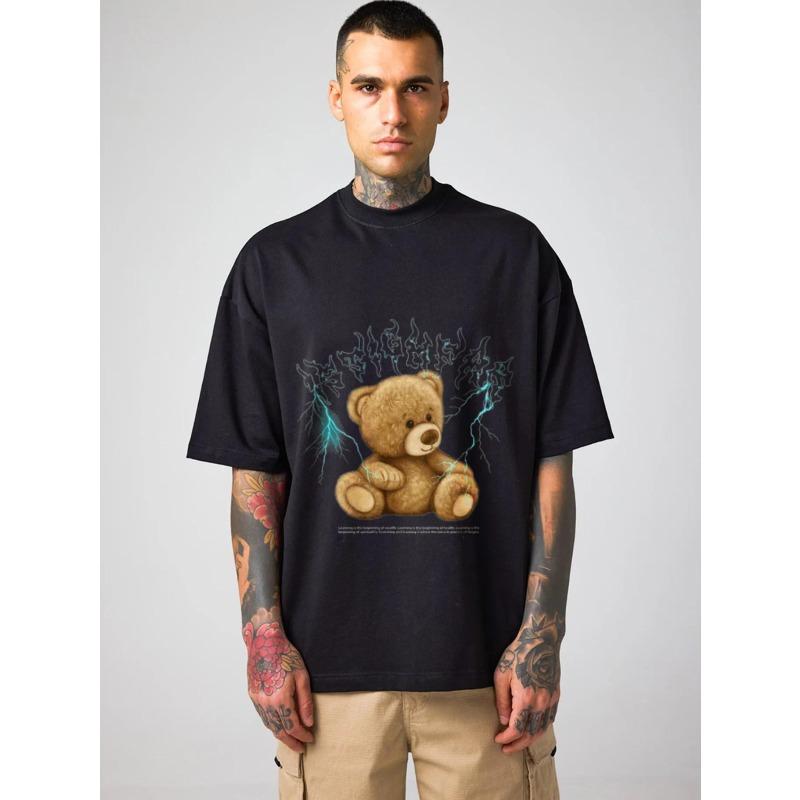 Nadměrné tričko Černý plyšový medvídek s bleskem a gotickým textovým grafickým potiskem Streetwear Ležérní oblečení