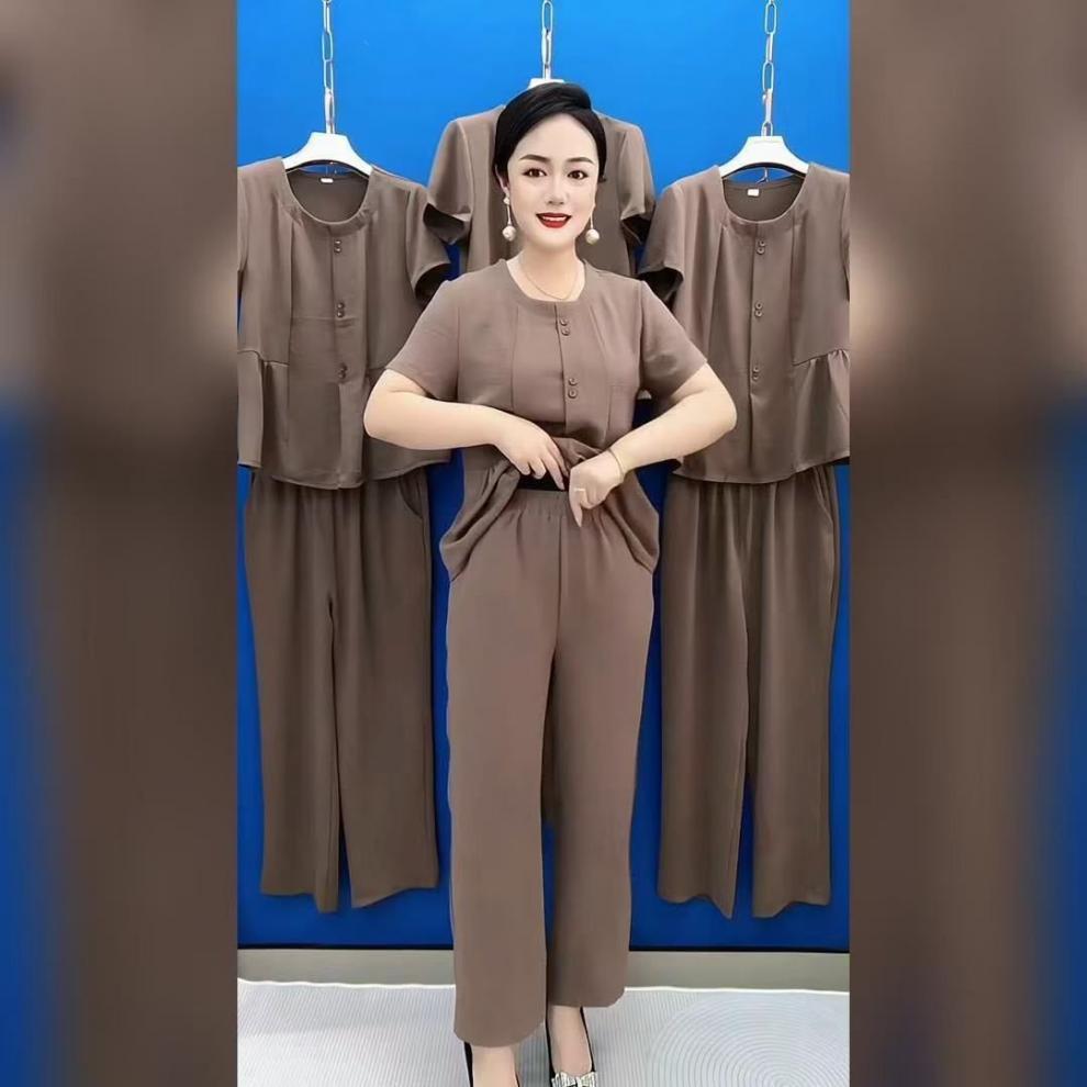 Summer 2026 Elegant Slimming Plus Size Ice Silk Two-Piece Set for Moms