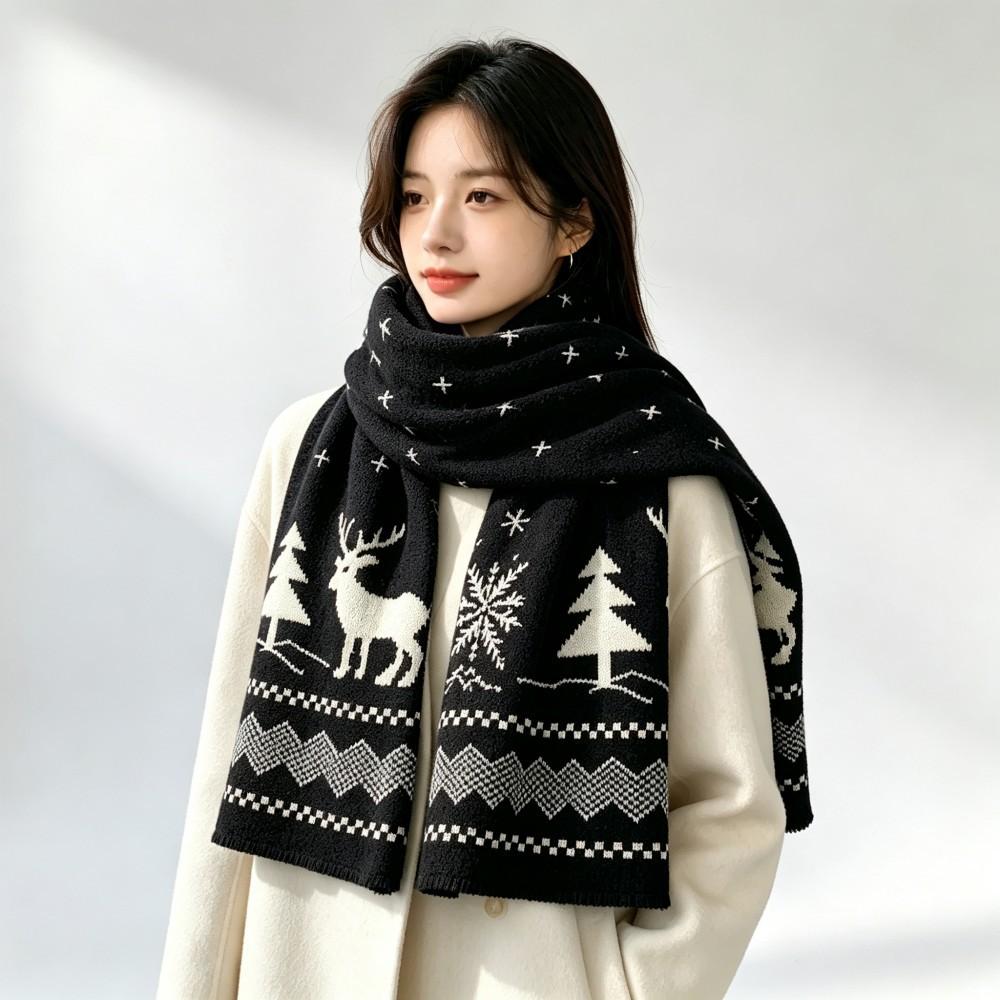 Red Christmas scarf women's winter gift Korean version of versatile Internet celebrity cute deer warm thickened wool scarf