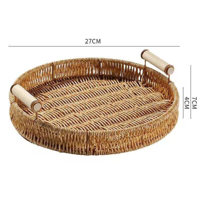 Plastic Storage Tray With Handle Imitation Rattan Weaving Basket Sundries Plate Fruit Platter Tea Tray Dinner Serving Tray