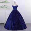 Off-the-Shoulder Sequined Evening Gown for Women: Ideal for Performances, Beauty Pageants, and Gala Events with Puffy Long Skirt.