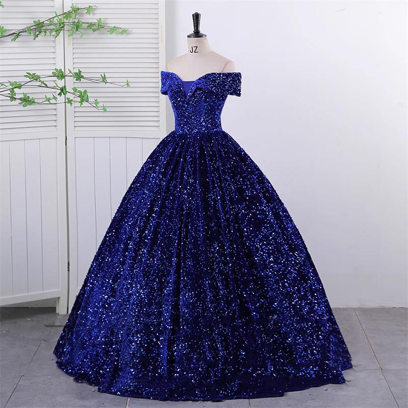 Off-the-Shoulder Sequined Evening Gown for Women: Ideal for Performances, Beauty Pageants, and Gala Events with Puffy Long Skirt.