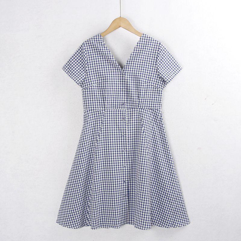 

110 3,000 Bird Plaid Dress Summer V-neck Pullover Versatile Waist Hugging Slimming Mid-Length A- line Skirt Women s Skirt Foreign Trade Blue grid S