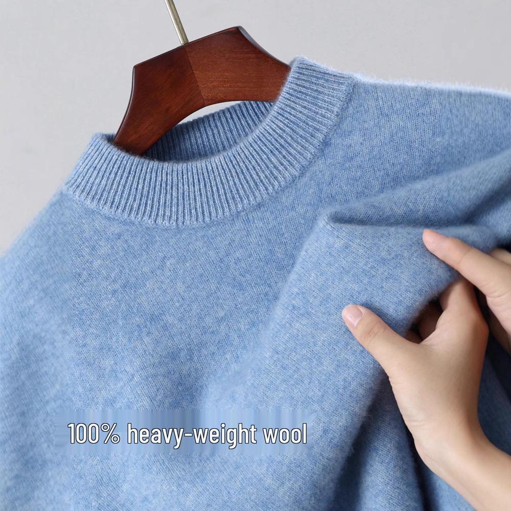 Men's 100% Pure Wool Half-High Collar Thick Knit Pullover Sweater