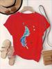 Boho Chic Feather & Bird Graphic Tee Women’s Short Sleeve Summer Top White Crew Neck T-Shirt with Blue Feather Painting