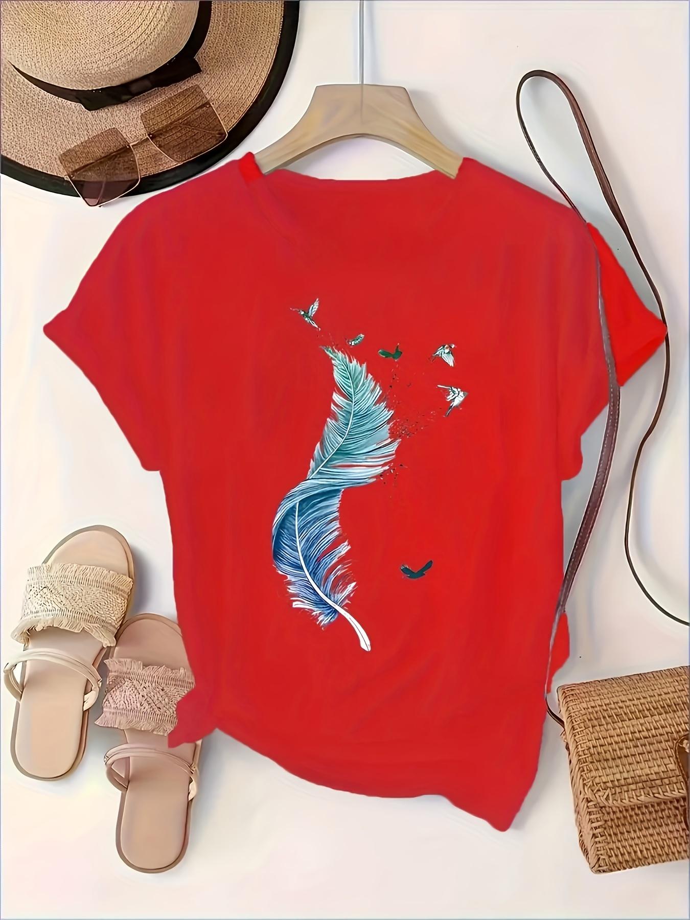

Бохо Шик Футболка с Графикой Пера и Птицы Женская Летняя Футболка с Коротким Рукавом Белая Футболка с Круглым Вырезом и Рисунком Синего Пера S