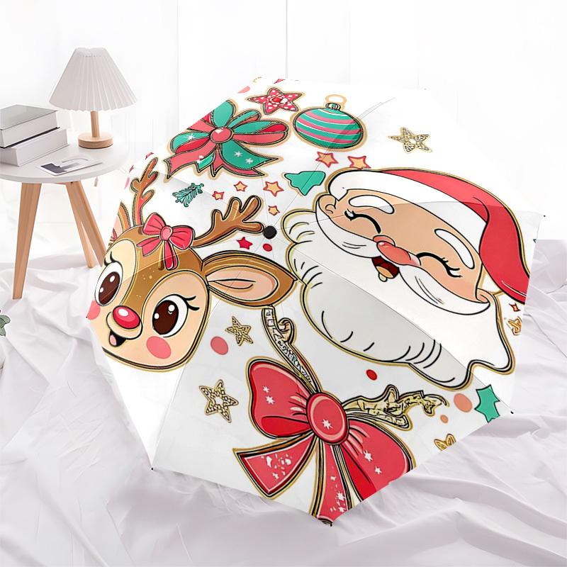 1pc Christmas Santa Claus & Reindeer Automatic Folding Umbrella Portable 3-Fold Design with 8-Bone Iron Frame, Perfect Outdoor for Fans, Travelers, Da