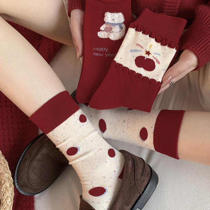 Berry Red Series Socks Season Korean Bear Versatile Stacking Socks New Year'S Socks