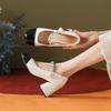inspired Mary Jane thick-heeled shoes for women; round-toed design with one-word strap and pearl color accents, versatile and stylish.
