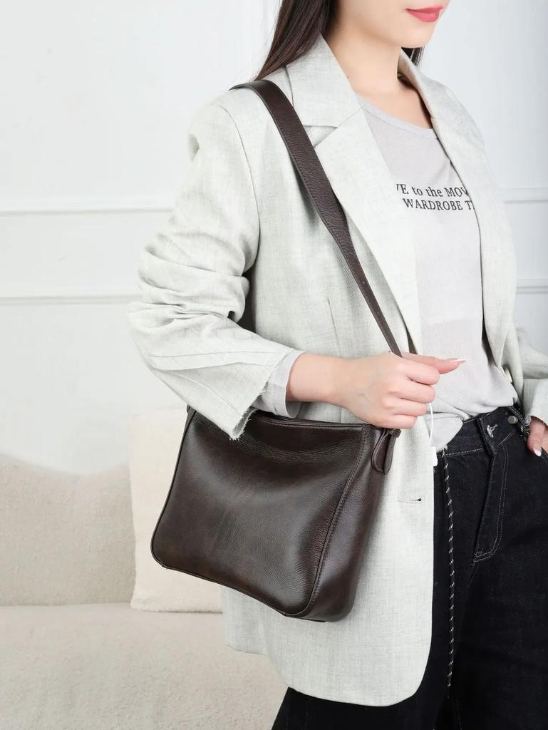 Natural Cow Leather Square Handbag - Crossbody Bucket Style, High-Quality Women's Shoulder Bag, Practical & Luxurious Hobo Bag