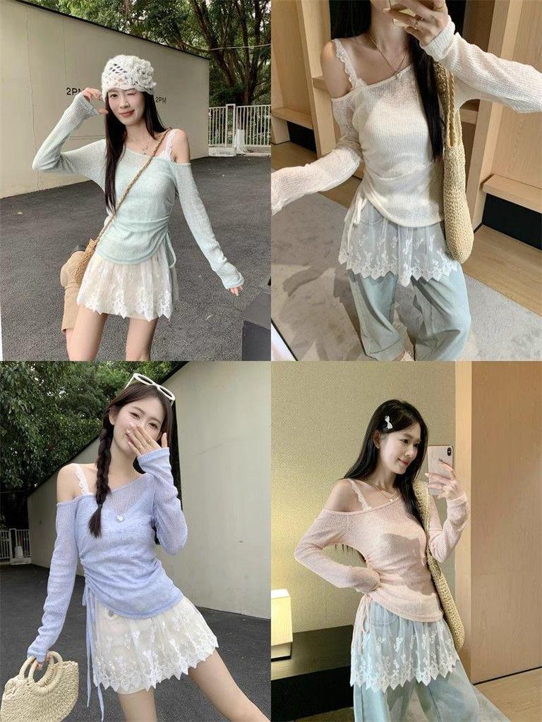 Damen Sommer 2025 Urlaubsstil Set: Spitzen-Camisole, Schulterfreier Kordelzug-Cardigan mit dünnen langen Ärmeln zum Sonnenschutz