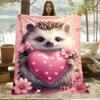 1pc Cute Hedgehog Holding Heart Pink Floral Blanket Love Theme Flannel Blanket Valentines Day Gift Soft Throw Blanket