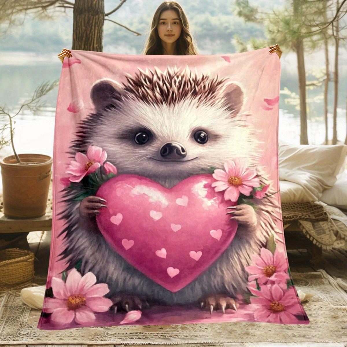 1pc Cute hedgehog holding heart pink floral blanket love theme flannel blanket Valentines Day gift soft throw blanket 75x100cm