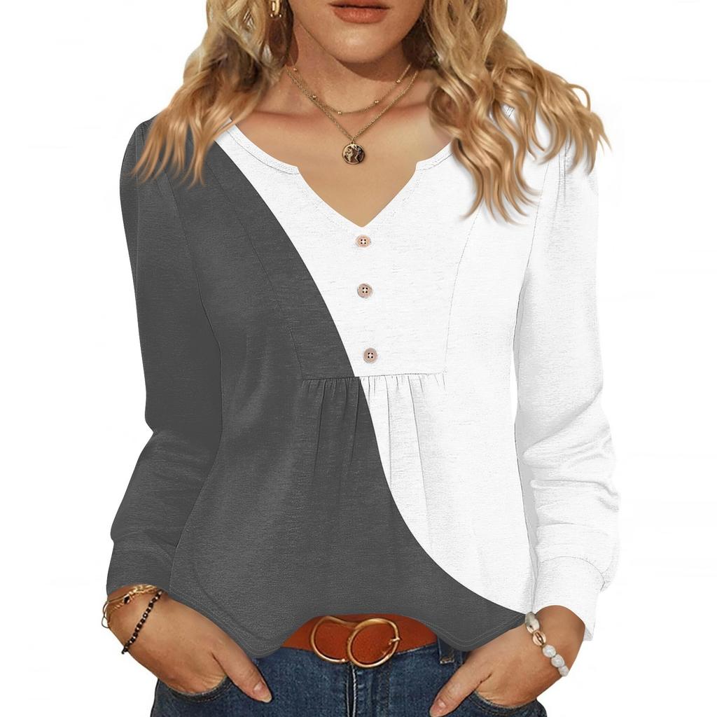Women's Fashionable Casual V-neck Blouse Button Long-sleeved Pullover T-shirt Top