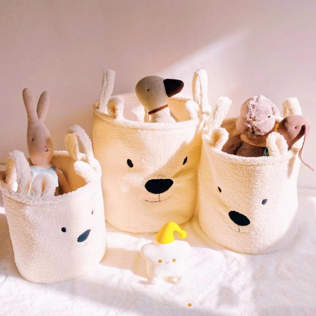 Embroidered Bear Head Lamb Hair Personalized Storage Basket Toy Snack Storage Basket Clothes Storage Dirty Clothes Basket