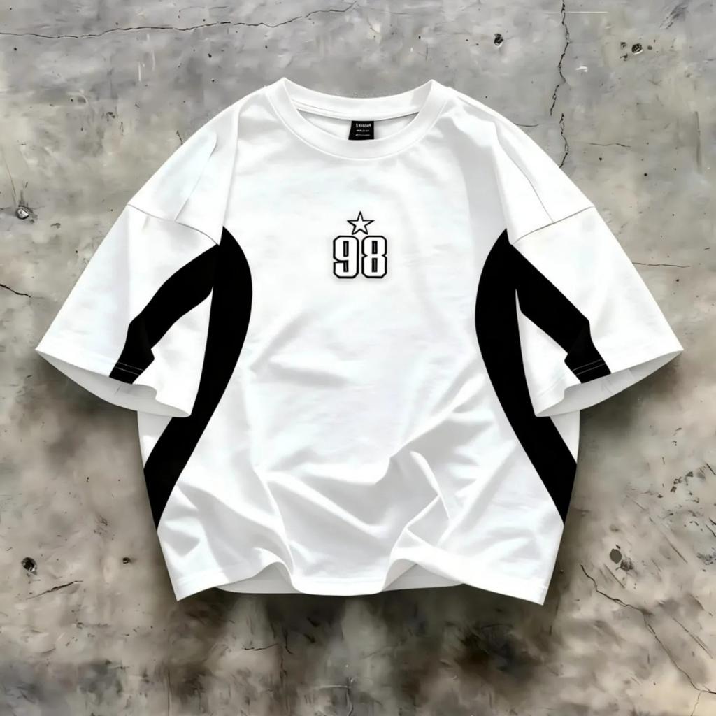 European and American Fashion Summer Striped Letter 98 Print Tee Comfortable and Breathable Crew Neck T-shirt Outdoor Street Top