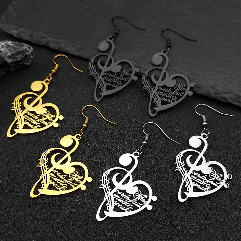 Love Music Note Dangle Earrings For Women Men Stainless Steel Gold Silver Color Heart Music Lover Fashion Drop Earring Jewelry