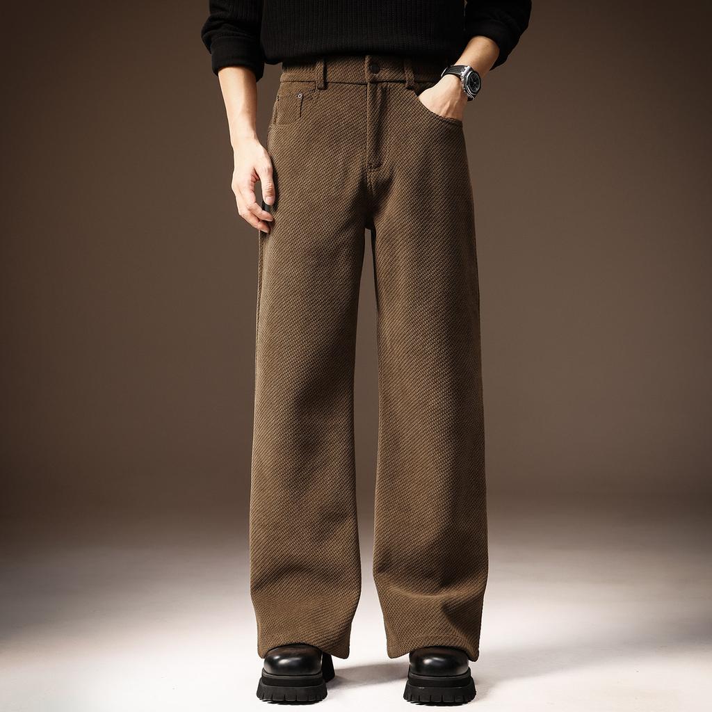 High-end European Cotton Lint Versatile Casual Pants for Men's Autumn and Winter New Loose Straight Wide-leg Thin Drape Overalls for Men