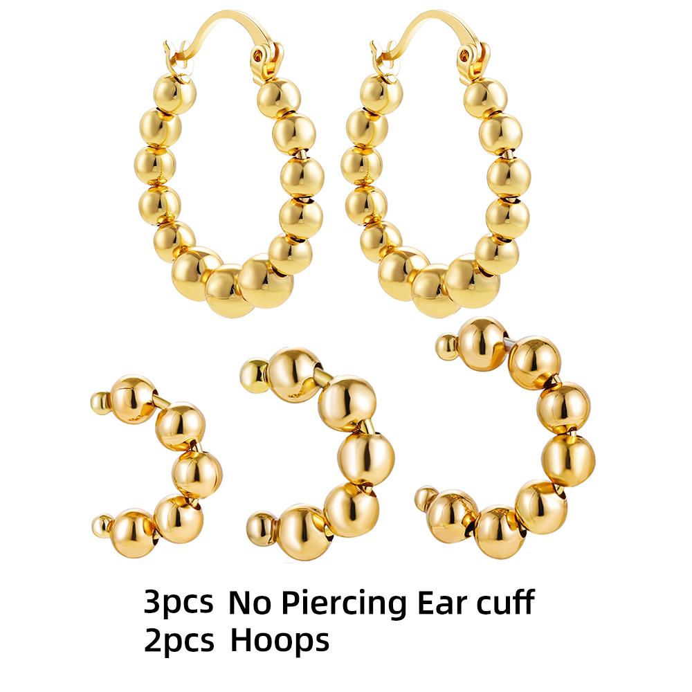 

Vintage Gold Color Metal Beaded Clip Earrings Set Non-Piercing Cartilage Ear Cuff Punk Rock Big Circle Hoop Earrings for Women
