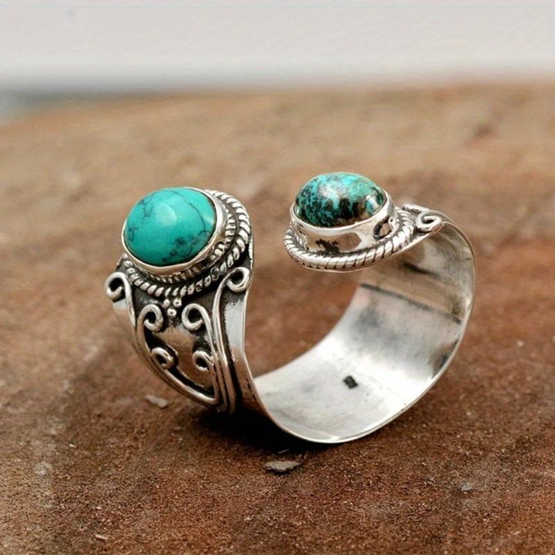 Vintage Boho Style Synthetic Faux Gemstone Ring with Zinc Alloy, Single Ring, Mosaic Design, Adjustable Band, Fashion Jewelry Accessory