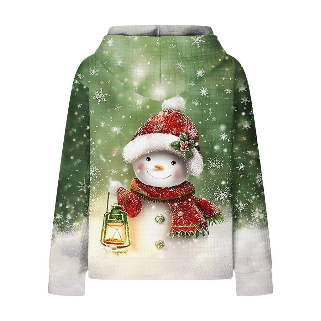 Women's Fashion Loose Hooded Pullover Long Sleeve Plaid Sweatshirt With Drawstring, Drop Shoulder, Pocket, Christmas Print Top