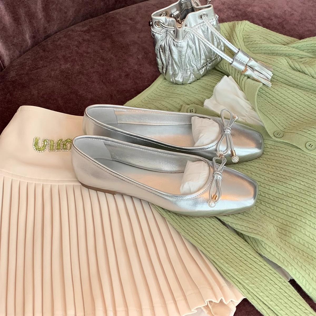 

Sheepskin version~ Pearl bow exquisite silver ballet shoes women s flat Mary Jane shoes leather light mouth single shoes 34
