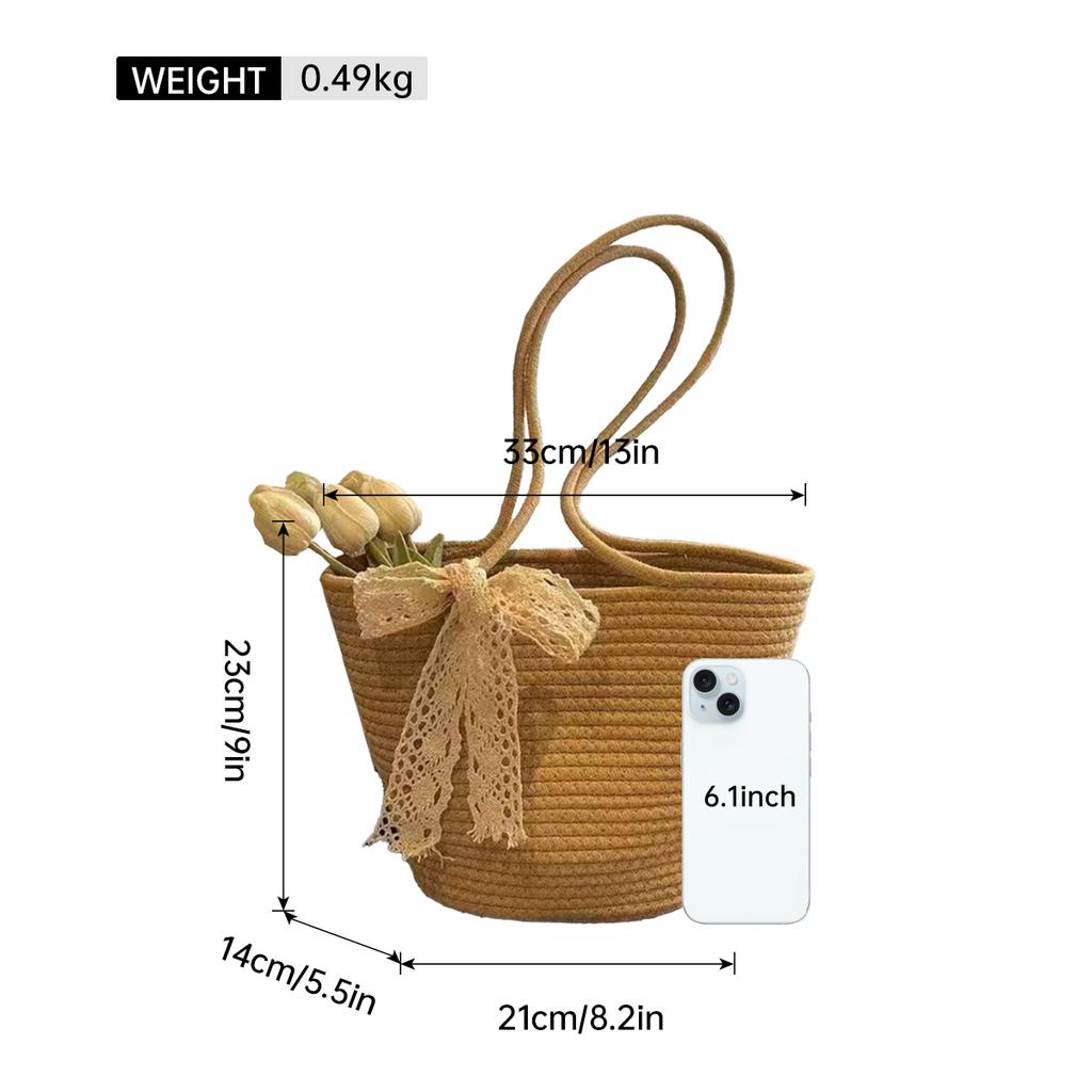 Gewebte Strohtasche für Damen, Großes Fassungsvermögen, Wolle und Baumwollgarn, Modische Herbst- und Winter-Vielseitige Umhängetasche, Strandtasche, Tragetasche