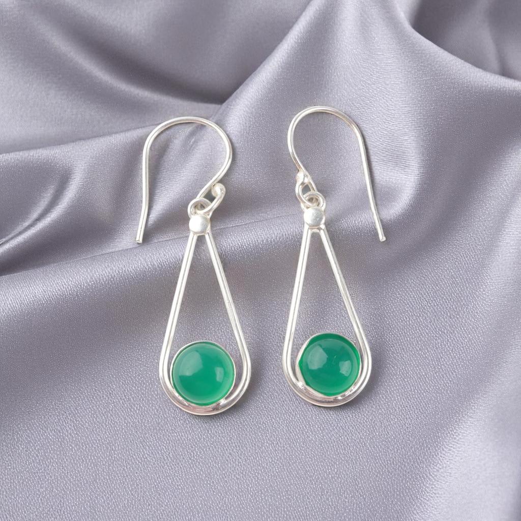 Green Onyx Cab Gemstone 925 Sterling Silver Jewelry Handcrafted Earrings 1.76" EE-126-13