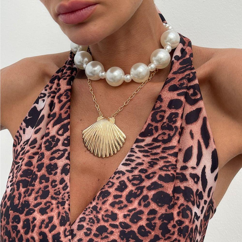 

Double Layer Pearl Beaded Necklace Exaggerate Beach Necklace Sweet Pearl Shell Necklace Women золотий