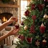 1Pc Red Velvet Glitter Painted Pendant Christmas Tree Cane Bow Bell Shape Decoration Perfect For Holiday Atmosphere Props