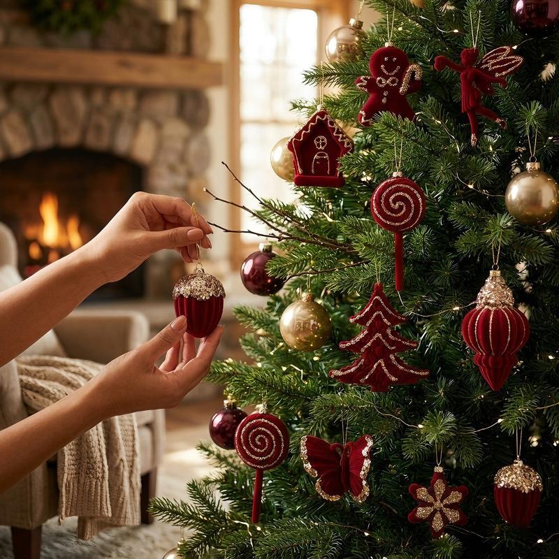 1Pc Red Velvet Glitter Painted Pendant Christmas Tree Cane Bow Bell Shape Decoration Perfect For Holiday Atmosphere Props