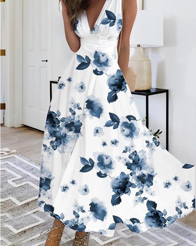 2023 Women's Summer V-Neck High Waist Sleeveless Printed Dress