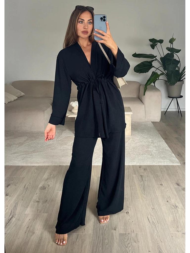 European & American 2025 Casual Tie-Up Top with Long Sleeve and Comfortable Long Pants Set