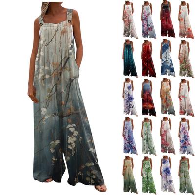 Women's Wide Leg Jumpsuit Casual Loose Sleeveless Jumpsuit Regular Printed Button Long Pants Pocket  Jumpsuit
