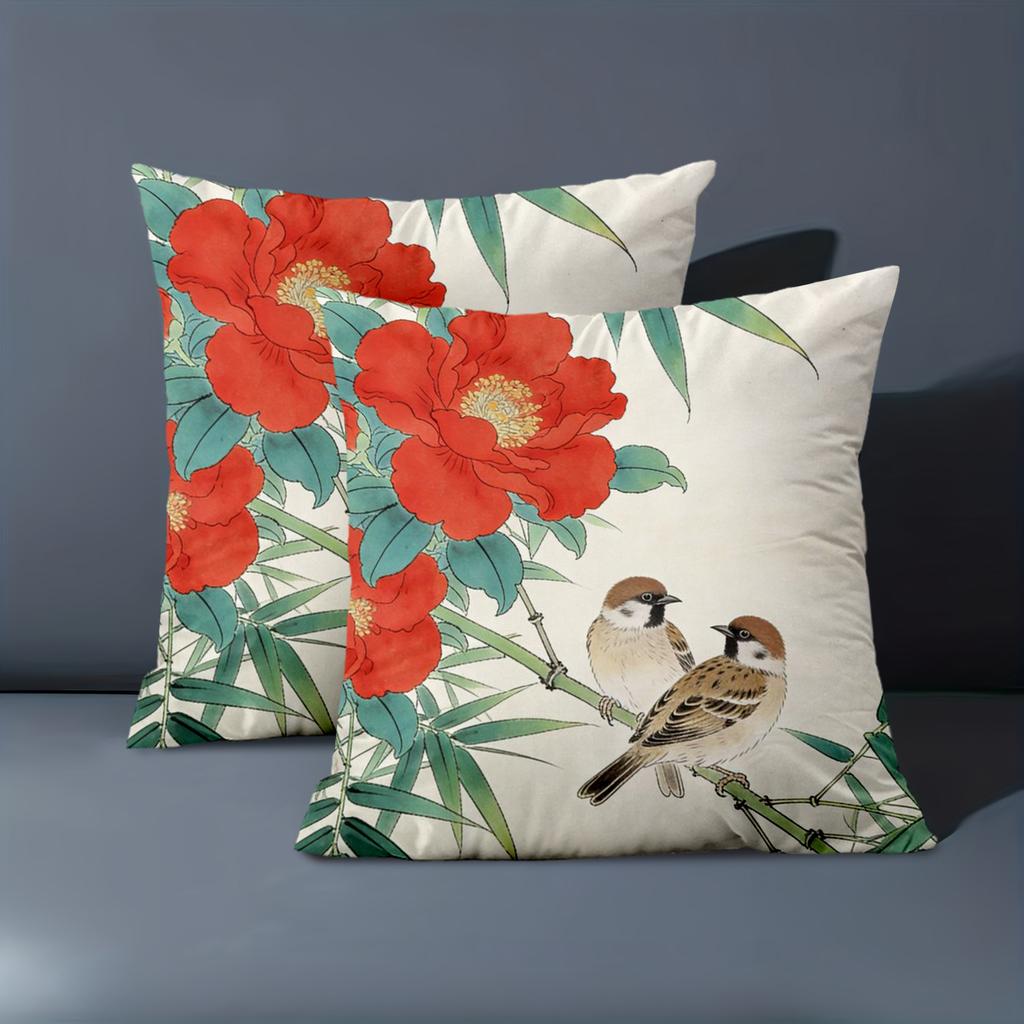 1 Pieces Red Flowers And Sparrows Printed Decorative Cushions Polyester Pillowcase, Sofa Decorative Cushion Cov Headboard Pillow