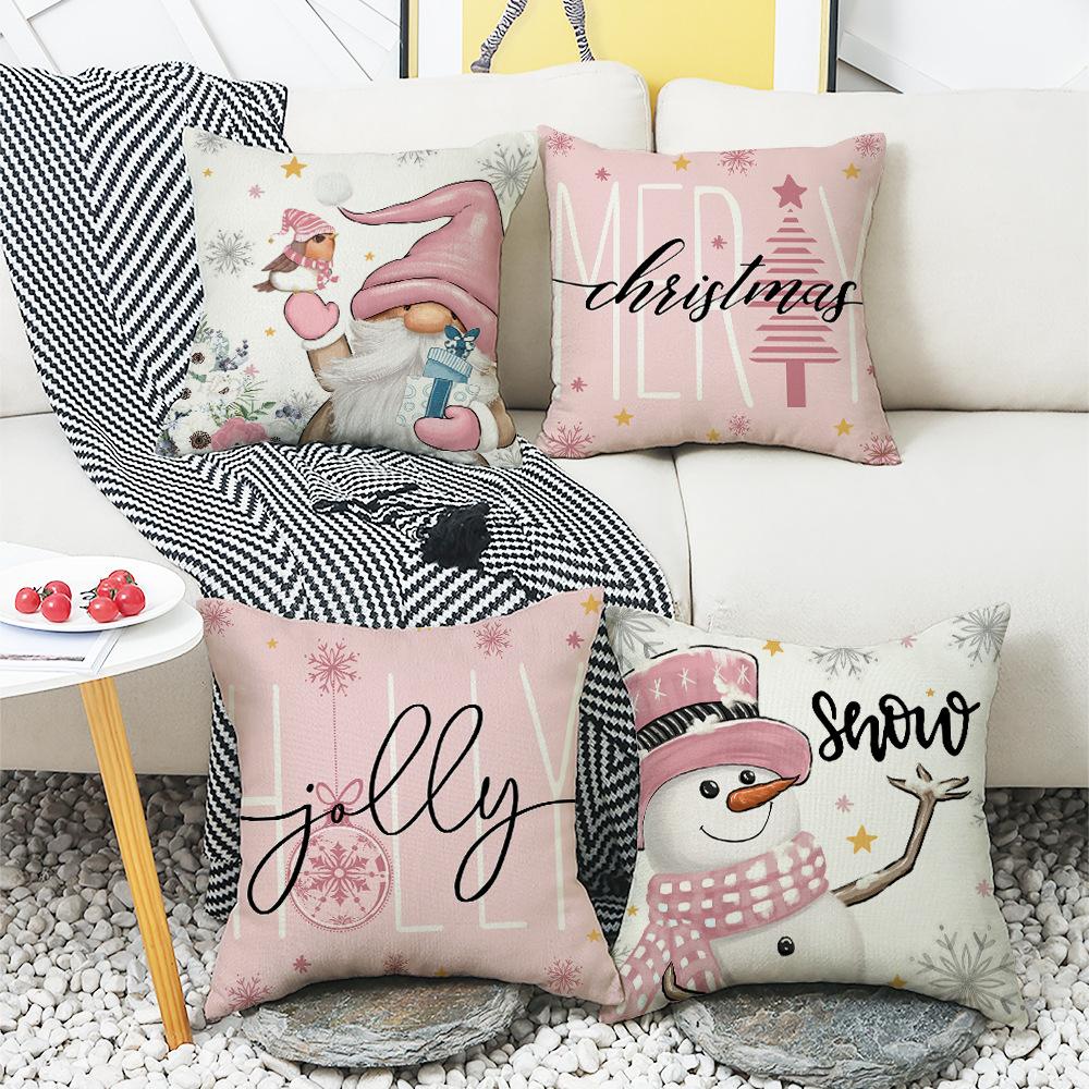 Pink Warm Snowflake Snowman Santa Claus Element Digital Printing Linen Material Home Sofa Pillow Cover