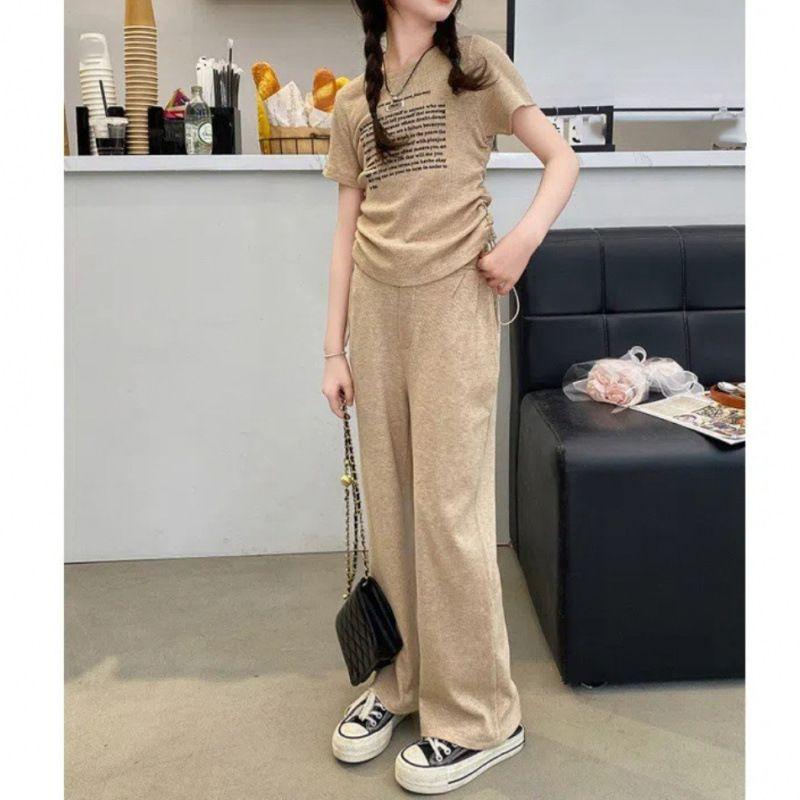 Girls' Summer Sports Suit, Drawstring Top, Short-Sleeved Wide-Leg Pants Two-Piece Set