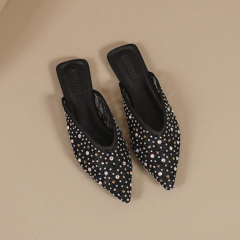 Fashion Pointed Toe Women Lace Slippers Crystal Beading Slides Summer Shoes Woman Embroider Mesh Sandalias Mujer Pantuflas Big Size 43