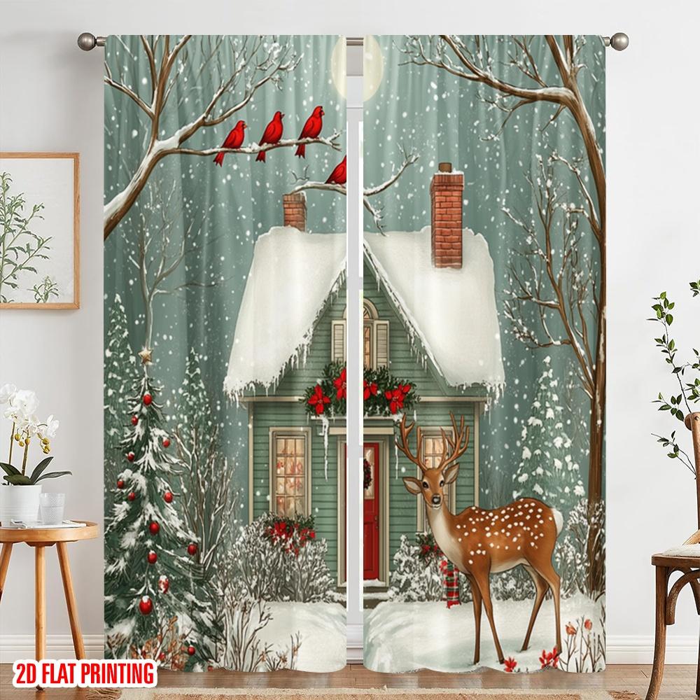 2pcs,2D Plane Printing Print Curtains Deer Cardinals Snowy House Versatile Polyester (without Rod) Art Deco Festive Use for