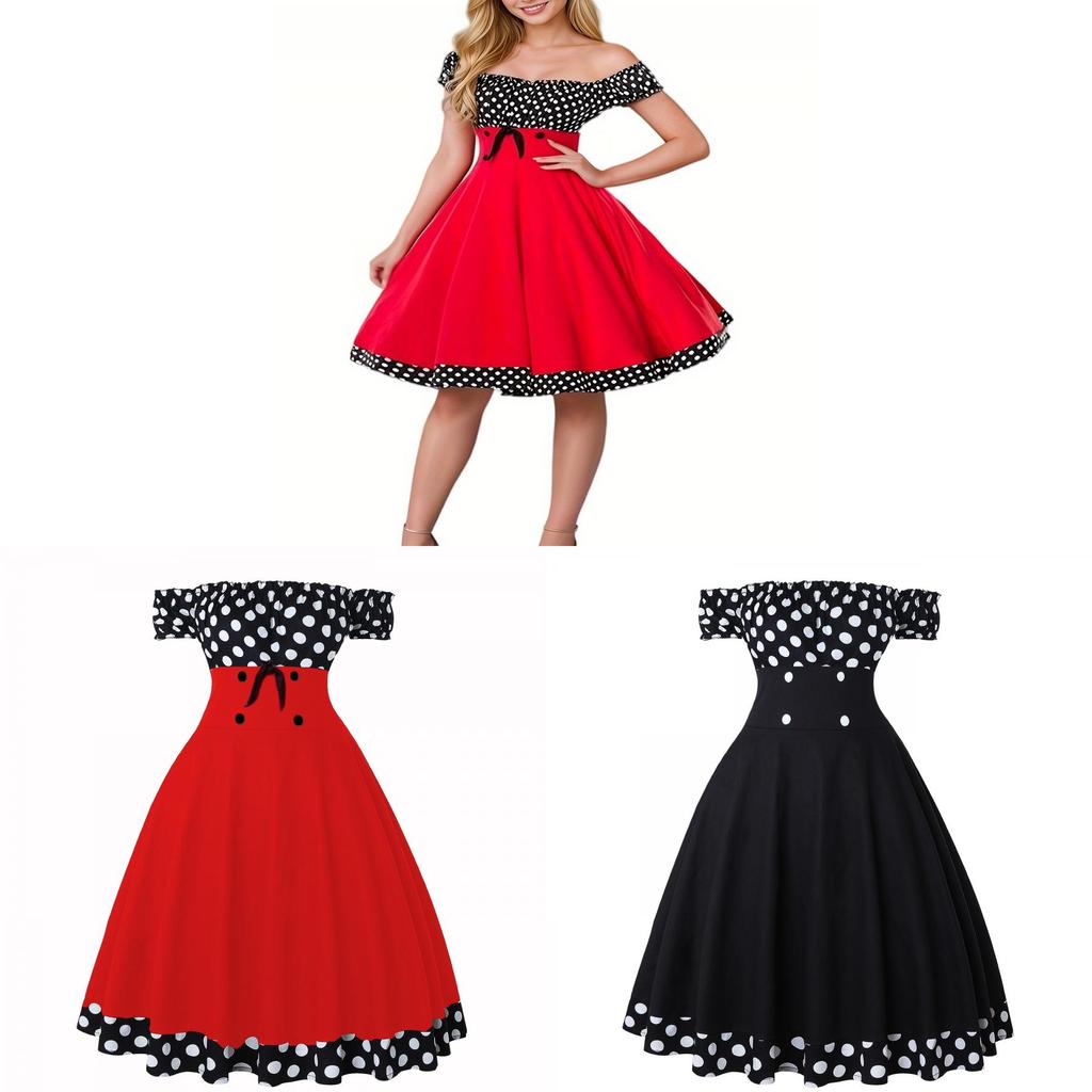 Vintage Polka Dot Halter Neck Dress With Puffed Sleeves For Date Night And Party Wear