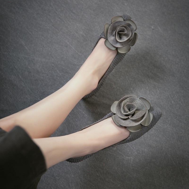 Johnature Genuine Leather Flower Low Heeled Shoes Retro Lightweight And Comfortable Women's Slip-on Shoes
