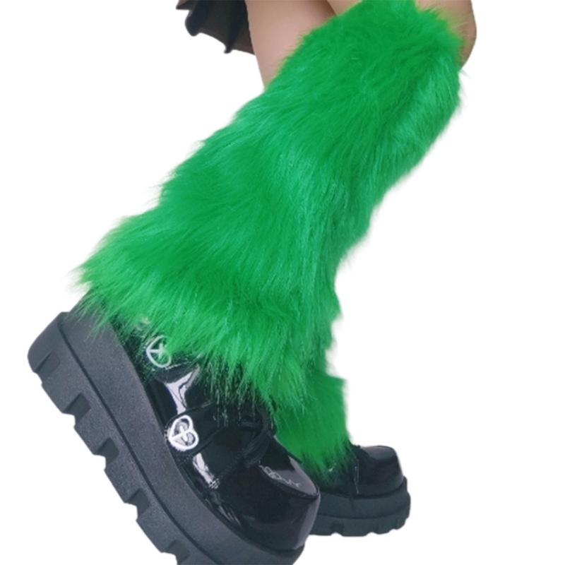 Women Girls Japanese Style Solid Green Plush Leg Warmer Aesthetic Punk Fuzzy Thickened Boot Cuffs Leg Cover Long Sock