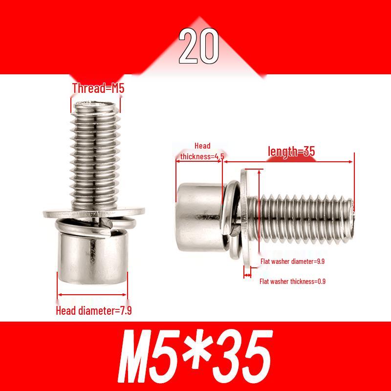 

201 Stainless Steel Hex Socket Screws with Flat & Spring Washers - Cylindrical Head, Sizes M3 to M10