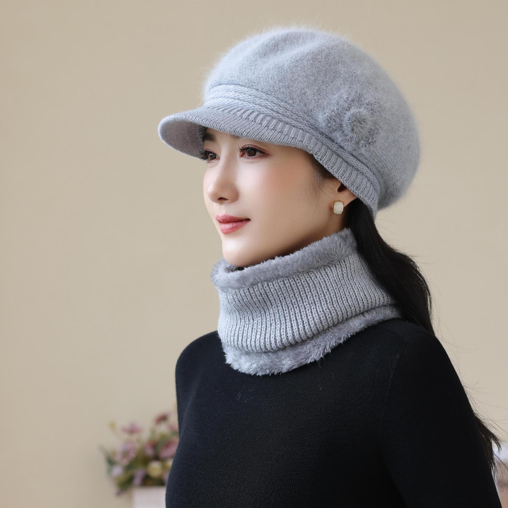 

Woolen Hat for Ladies Middle aged and Elderly Scarf Set Knitted Grandma and Mother Rabbit Fur To Protect Against Cold and Keep Warm for The Elderly one size